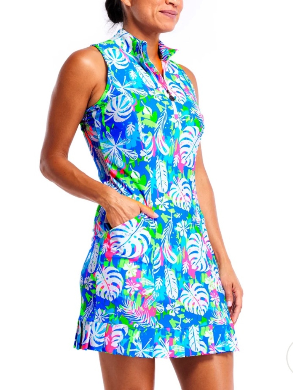 NEW Tzu Tzu $199 small golf dress Shiloh fantasy neon palms women’s sleeveless
